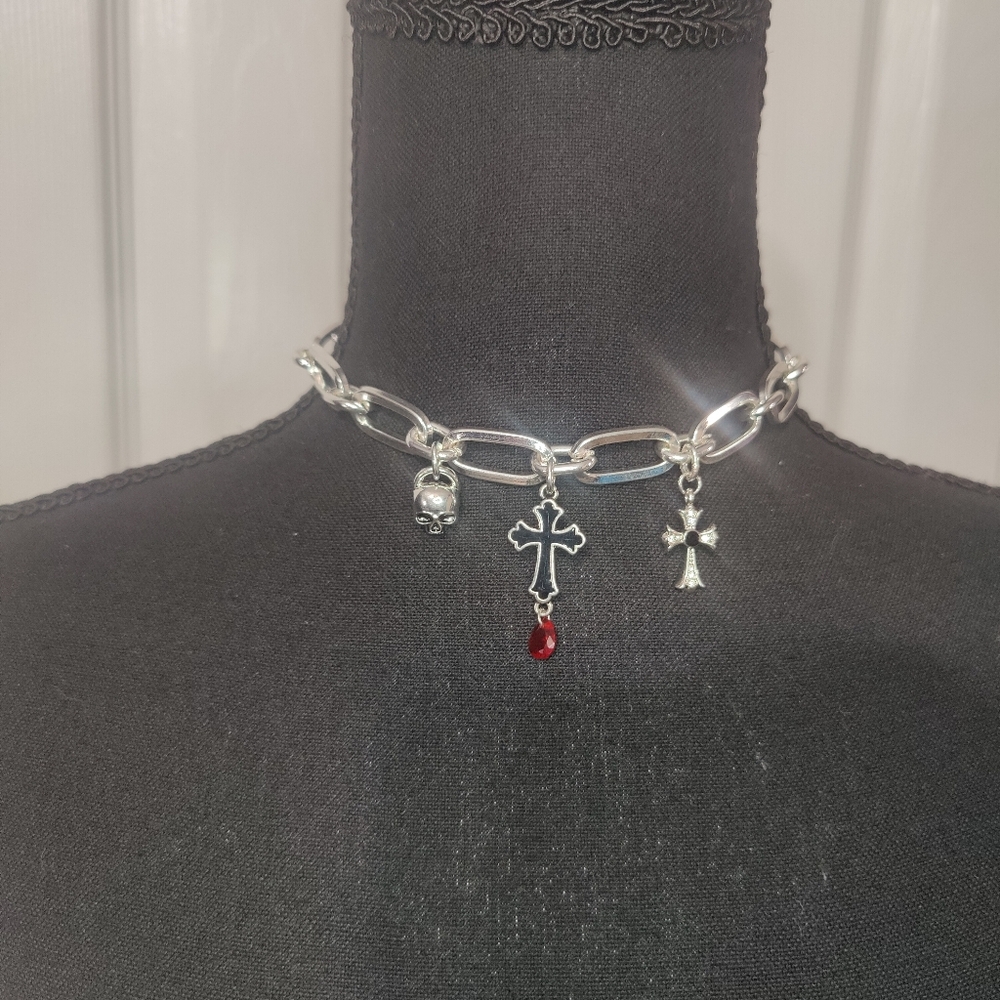 Cross Skull Charm Necklace Thick Chunky Chain Silver Jewelry Handmade Goth Emo